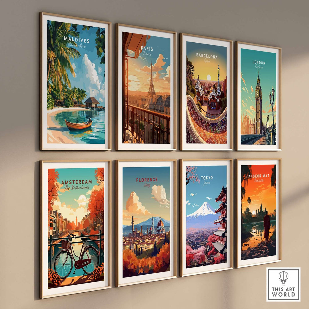 Colorful travel prints featuring Maldives, Paris, Barcelona, London, Amsterdam, Florence, Tokyo, and Angkor Wat.