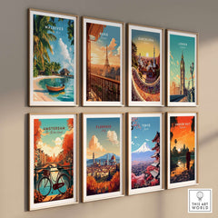 Maldives Travel Print and other travel posters displayed on a wall, featuring iconic cities and beautiful scenery.