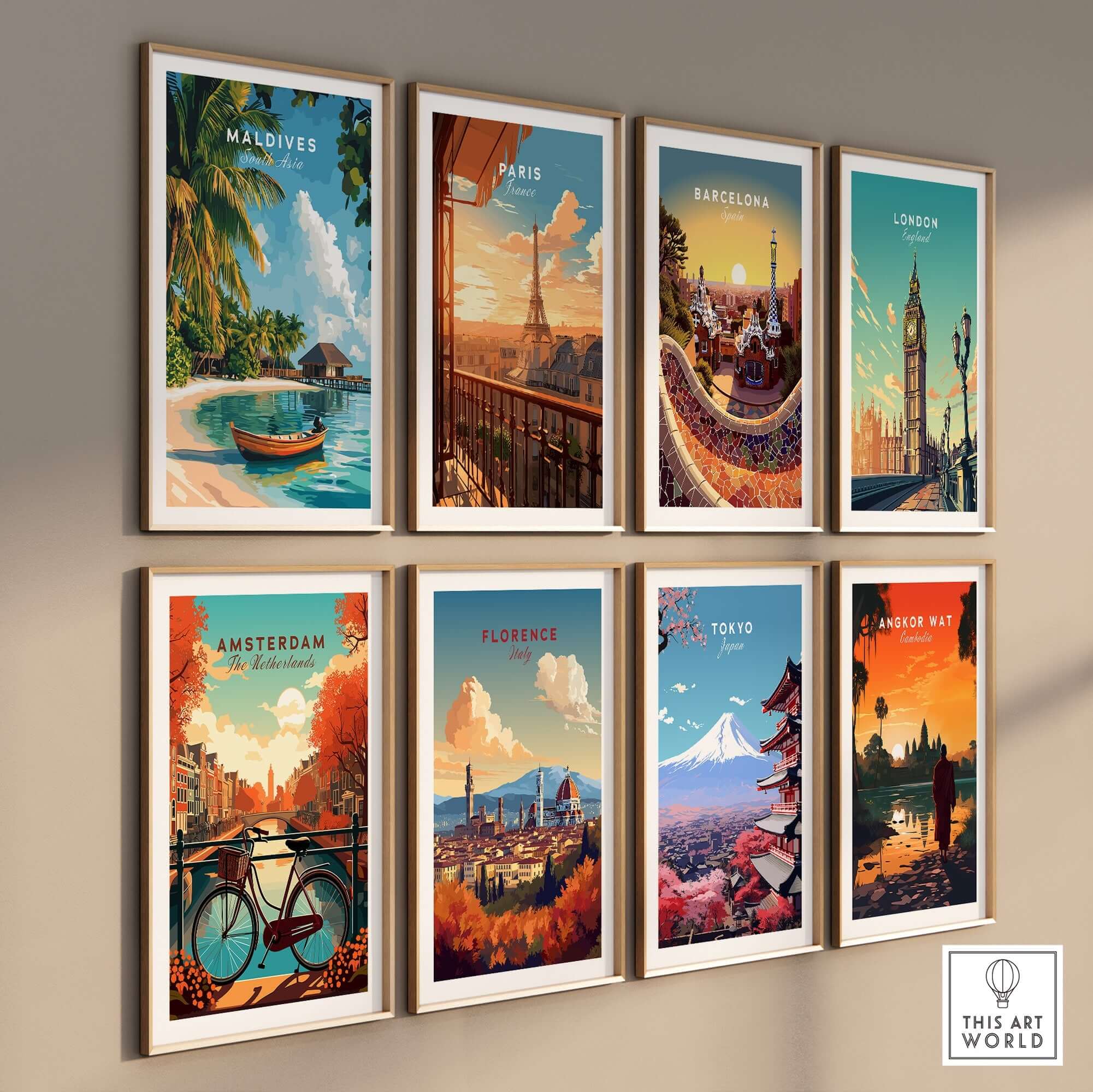 Maldives Travel Print and other travel posters displayed on a wall, featuring iconic cities and beautiful scenery.