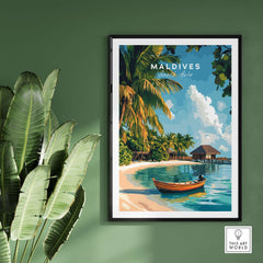 Maldives Travel Print featuring a serene beach scene with palm trees and a boat, perfect for travel inspiration.