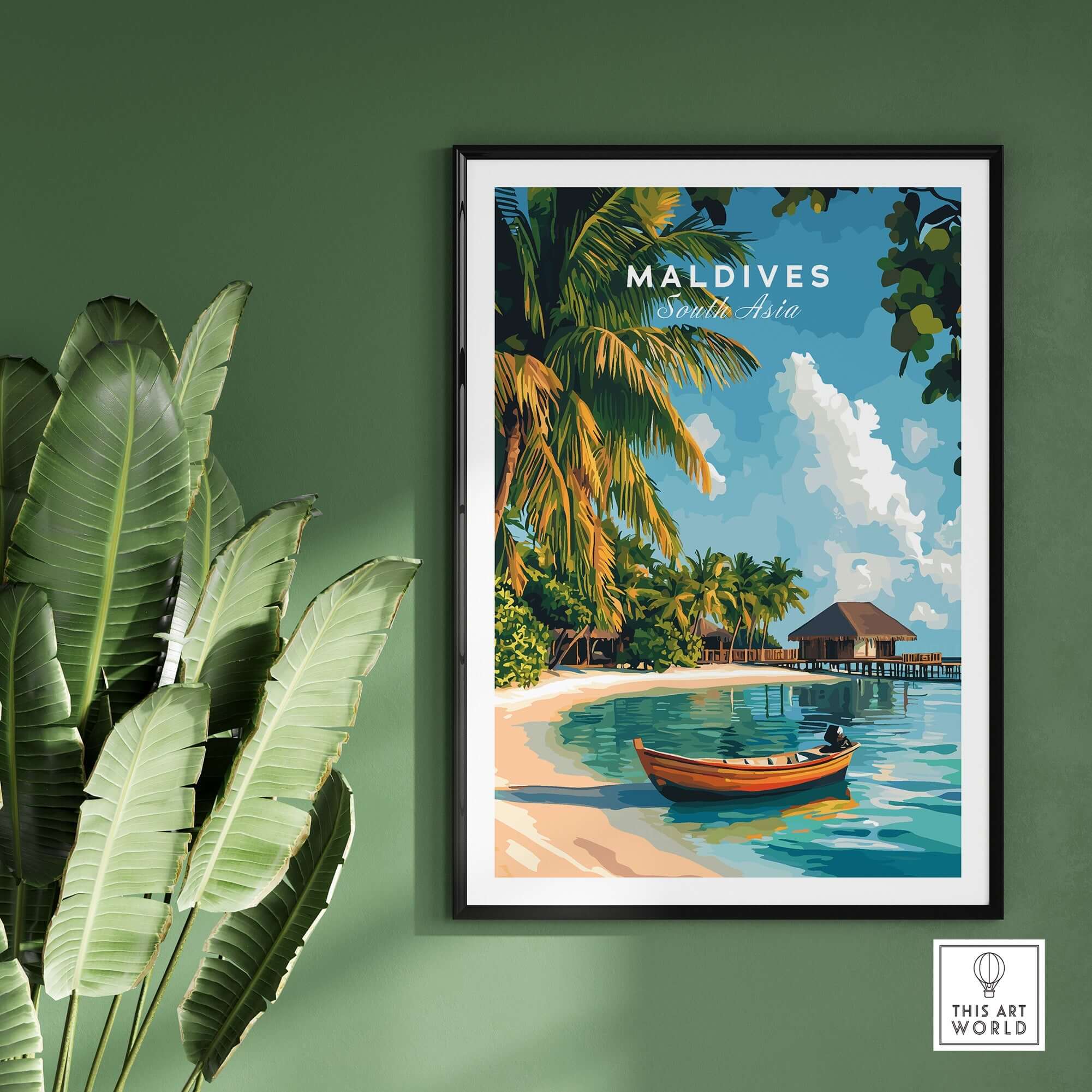 Maldives Travel Print featuring a serene beach scene with palm trees and a boat, perfect for travel inspiration.