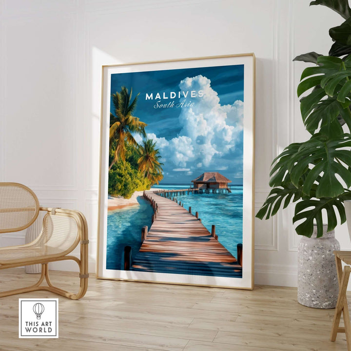 Maldives travel print featuring scenic beach and wooden pier, perfect for coastal decor enthusiasts.