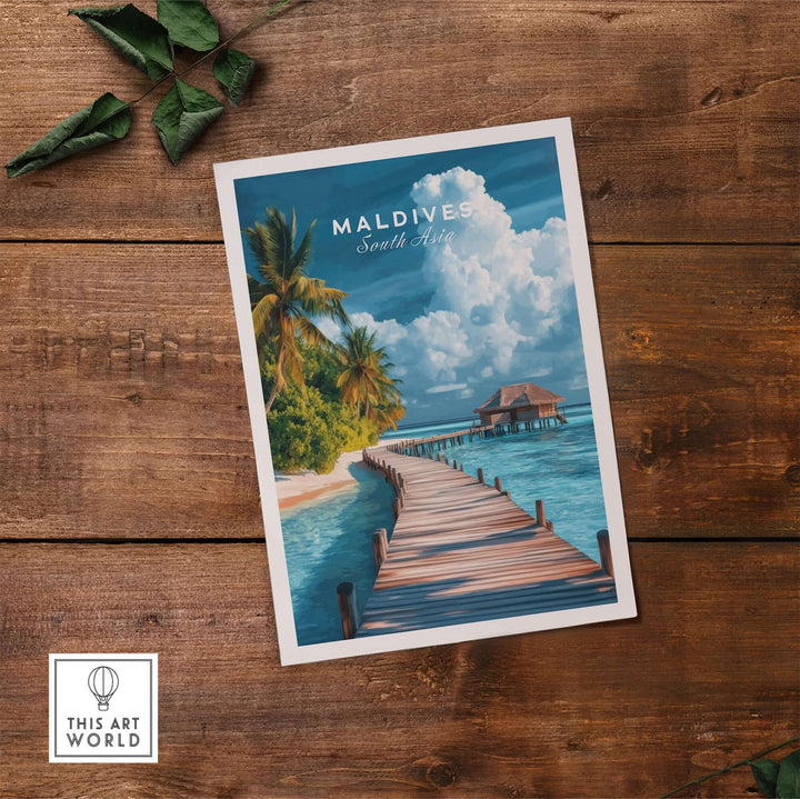 Maldives travel print featuring a beach scene with a wooden walkway and tropical palm trees.