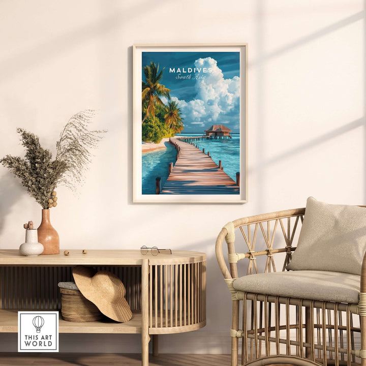 Maldives travel print showcasing a beach scene with a pier, palm trees, and tropical clouds, perfect for home decor.