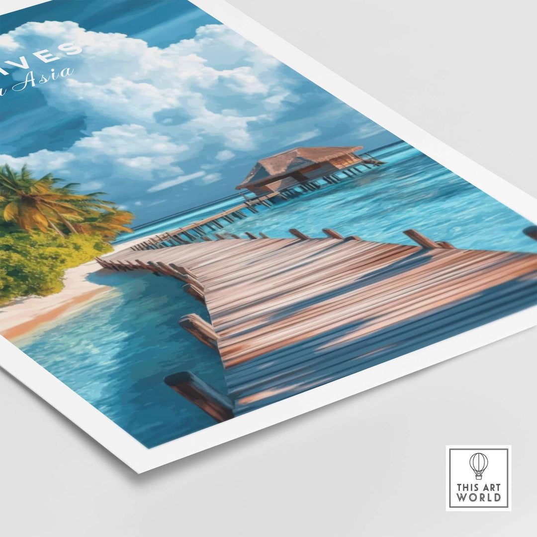 Maldives travel print featuring a serene beach scene with a wooden pier and vibrant blue waters. Perfect for art lovers.