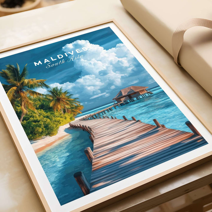 Maldives travel print showcasing a beach scene with a wooden pier and vibrant blue waters under a cloudy sky.