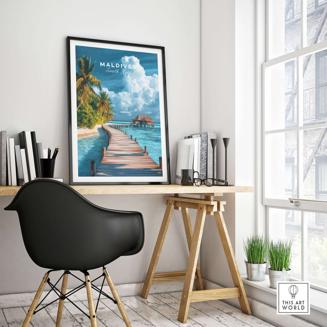 Maldives travel print featuring a serene beach scene with a wooden pier and tropical palm trees in a stylish interior setting.