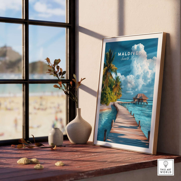 Maldives travel print featuring a beach scene with a wooden pier and vibrant tropical scenery on a sunny day.