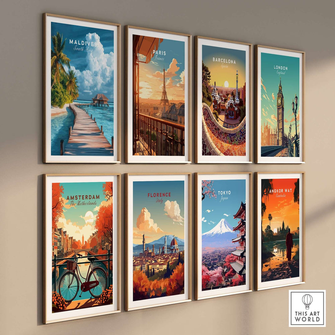 A collection of vibrant travel prints showcasing iconic landmarks and beach scenes from cities like Maldives, Paris, and Tokyo.