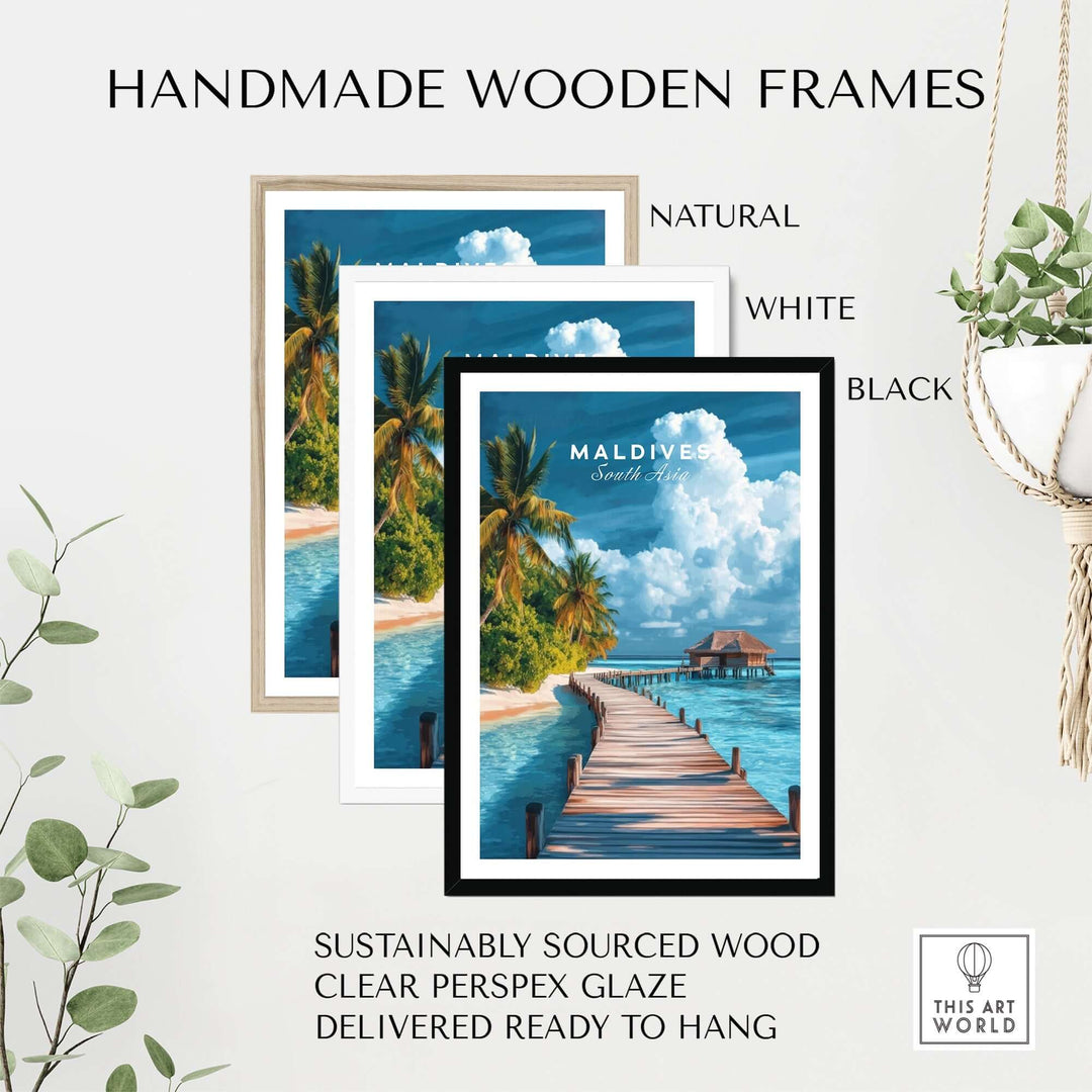 Handmade wooden frames in natural, white, and black showcasing a Maldives beach scene travel print.