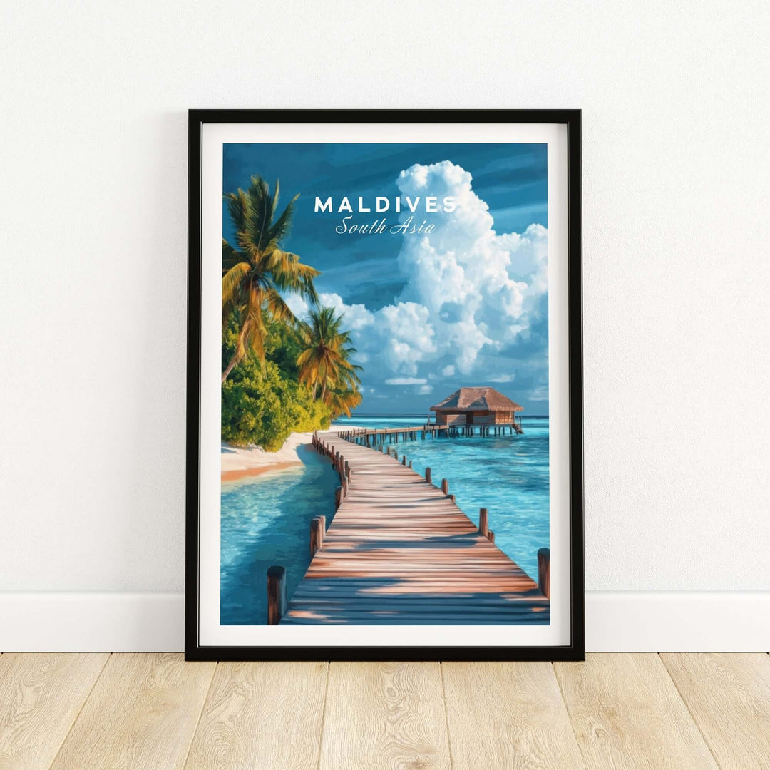 Maldives travel print featuring a serene beach scene with a wooden pier and tropical palm trees.