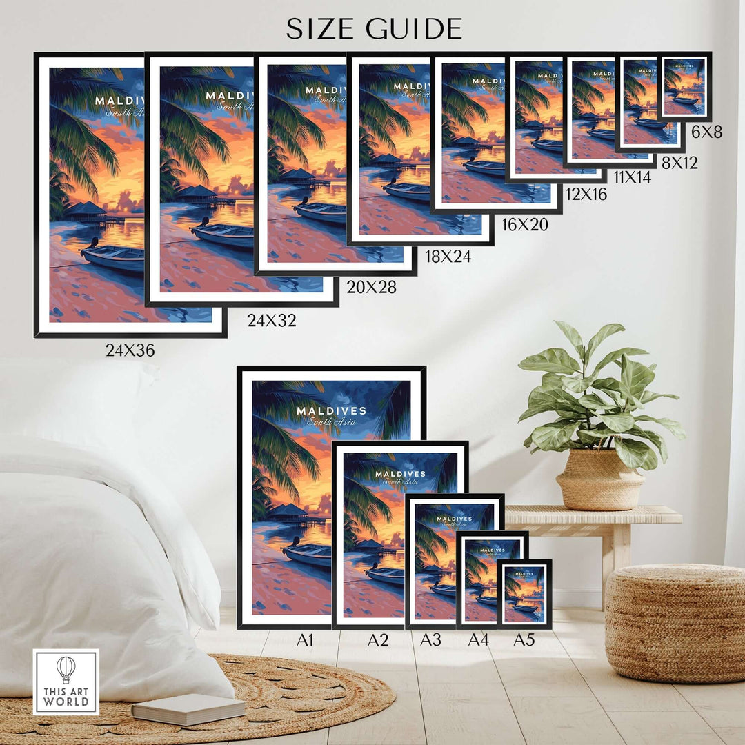 Size guide for Maldives travel print featuring sunset, showcasing various frame dimensions and styles in a cozy setting.