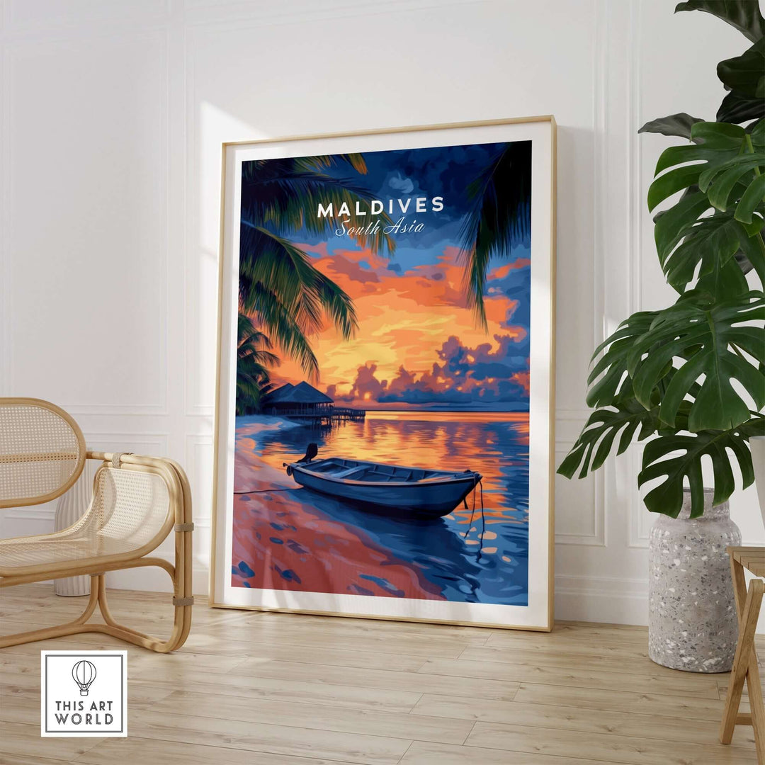 Maldives travel print featuring a sunset over serene waters and a boat, perfect for home decor enthusiasts.