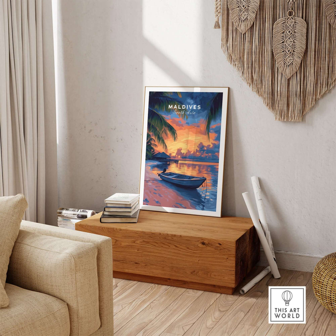 Maldives travel print featuring a vibrant sunset over the water, displayed in a stylish interior setting.