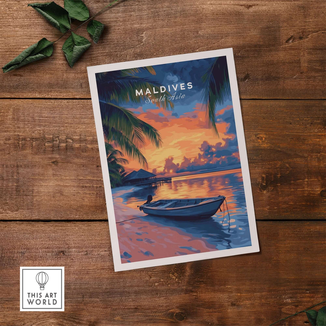 Maldives sunset travel print showcasing a boat on calm waters with vibrant colors and palm trees, ideal for decor.