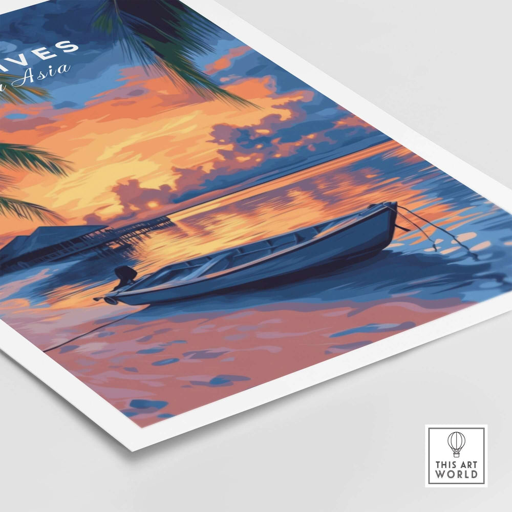 Maldives sunset travel print featuring a boat silhouetted against vibrant colors on water. Ideal for decor lovers.