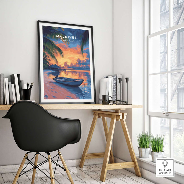 Maldives sunset travel print in a stylish interior with a desk and chair, showcasing tropical colors and serene vibes.