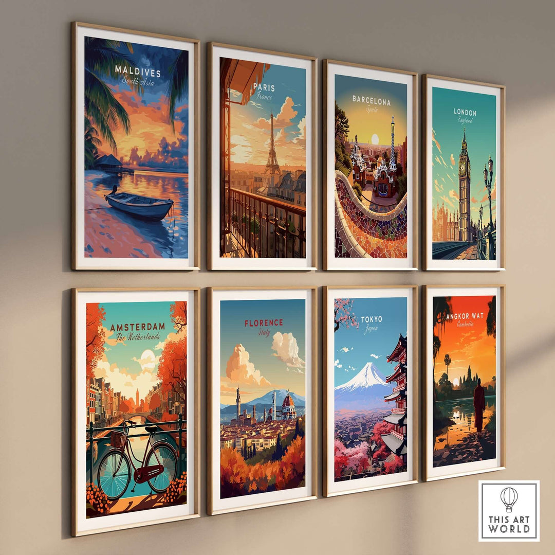 Collection of travel prints featuring landmarks in Maldives, Paris, Barcelona, London, Amsterdam, Florence, and Tokyo.