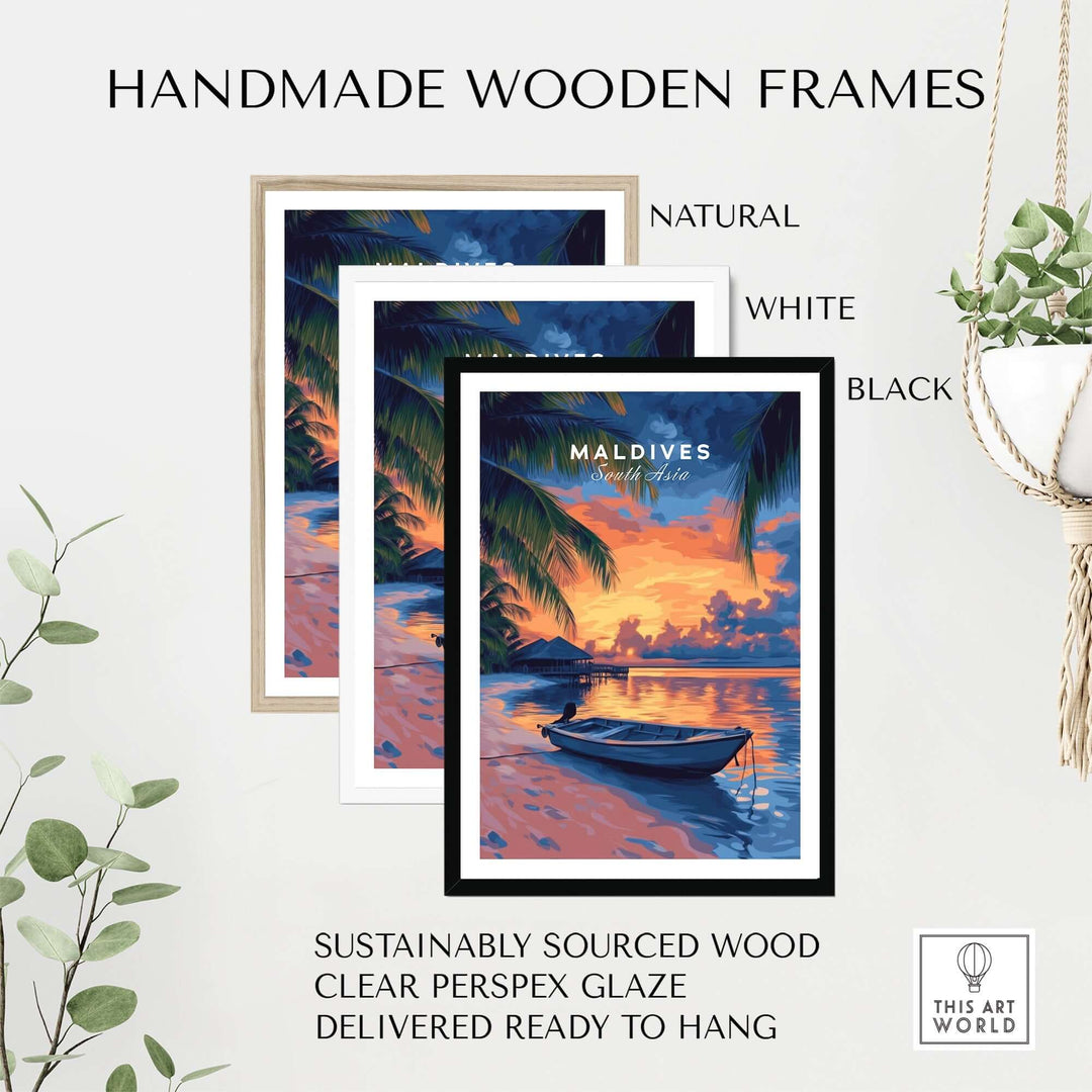 Handmade wooden frames in natural, white, and black, showcasing a Maldives sunset travel print, sustainably sourced and ready to hang.