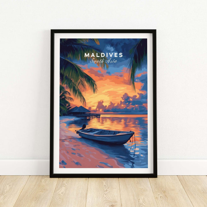 Maldives travel print featuring a sunset scene with a boat, palm trees, and tranquil waters, perfect for wall decoration.