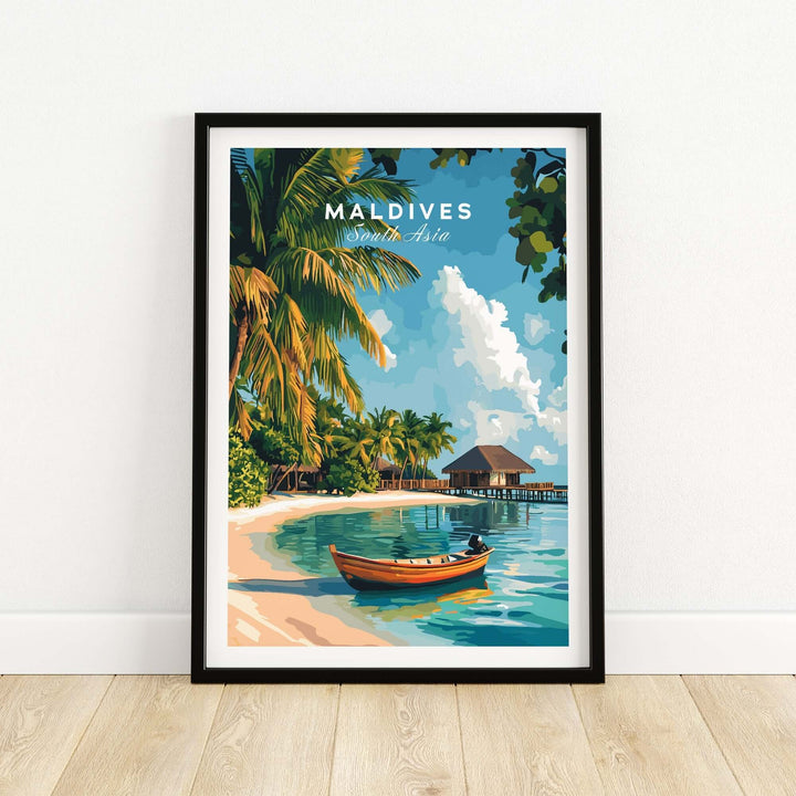 Maldives travel print featuring a serene beach scene with a boat, palm trees, and a tropical sky.