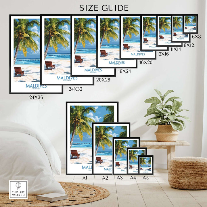 Size guide for Maldives wall art poster featuring tropical beach and palm trees, showcasing multiple frame sizes.