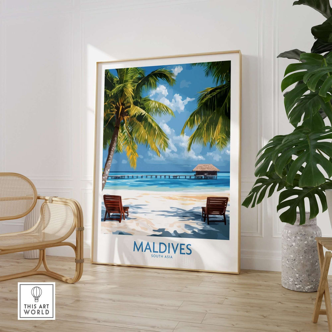 Maldives wall art poster featuring a tropical beach scene with palm trees and lounge chairs, perfect for home decor.