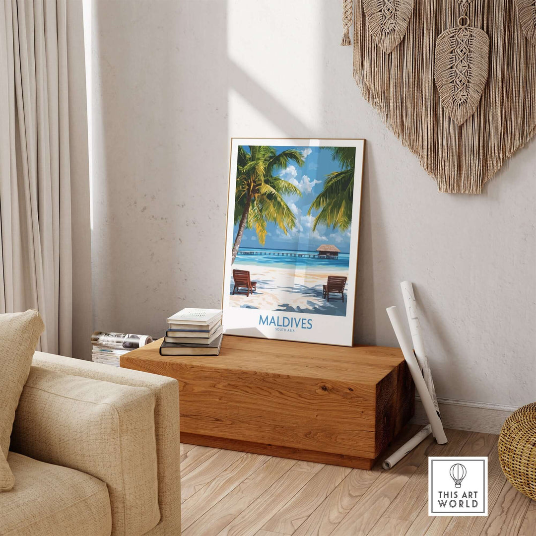 Maldives wall art poster featuring a tropical beach scene with palm trees and lounge chairs, perfect for home decor.