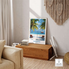 Maldives Wall Art Poster of Tropical Beach displayed in a cozy room with natural light, adding a serene vibe.
