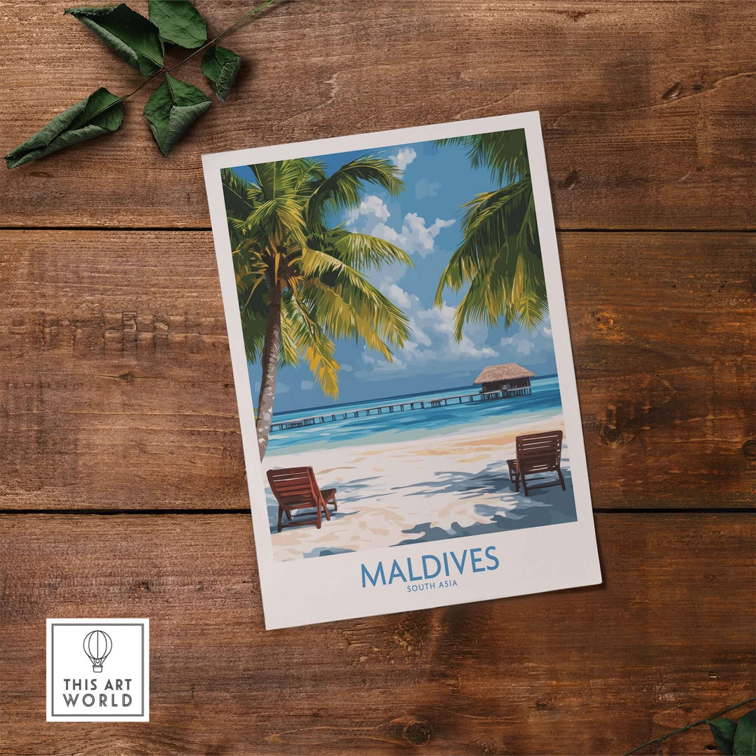 Maldives wall art poster featuring a tropical beach with palm trees and lounge chairs on a serene sandy shore.