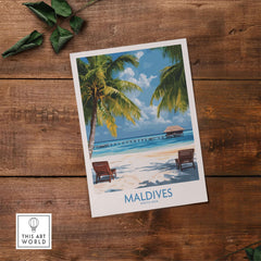 Maldives Wall Art Poster of Tropical Beach showcasing beach chairs and palm trees