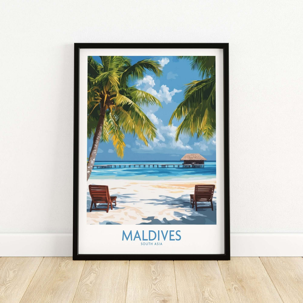 Maldives wall art poster featuring a tropical beach scene with palm trees and lounge chairs by the ocean.