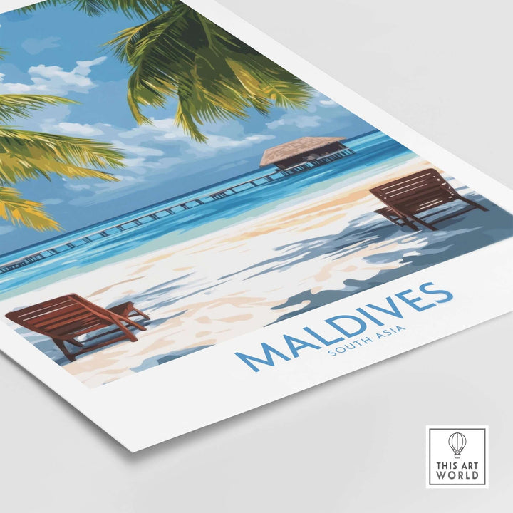 Maldives wall art poster featuring tropical beach chairs and palm trees, perfect for home decor.