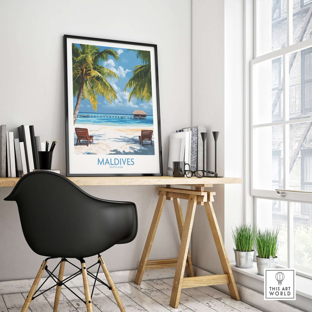 Maldives wall art poster featuring a tropical beach scene, perfect for home office decor. Add a touch of paradise to your space!