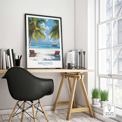 Maldives Wall Art Poster of Tropical Beach displayed in a bright office, inspiring relaxation and a tropical vibe.
