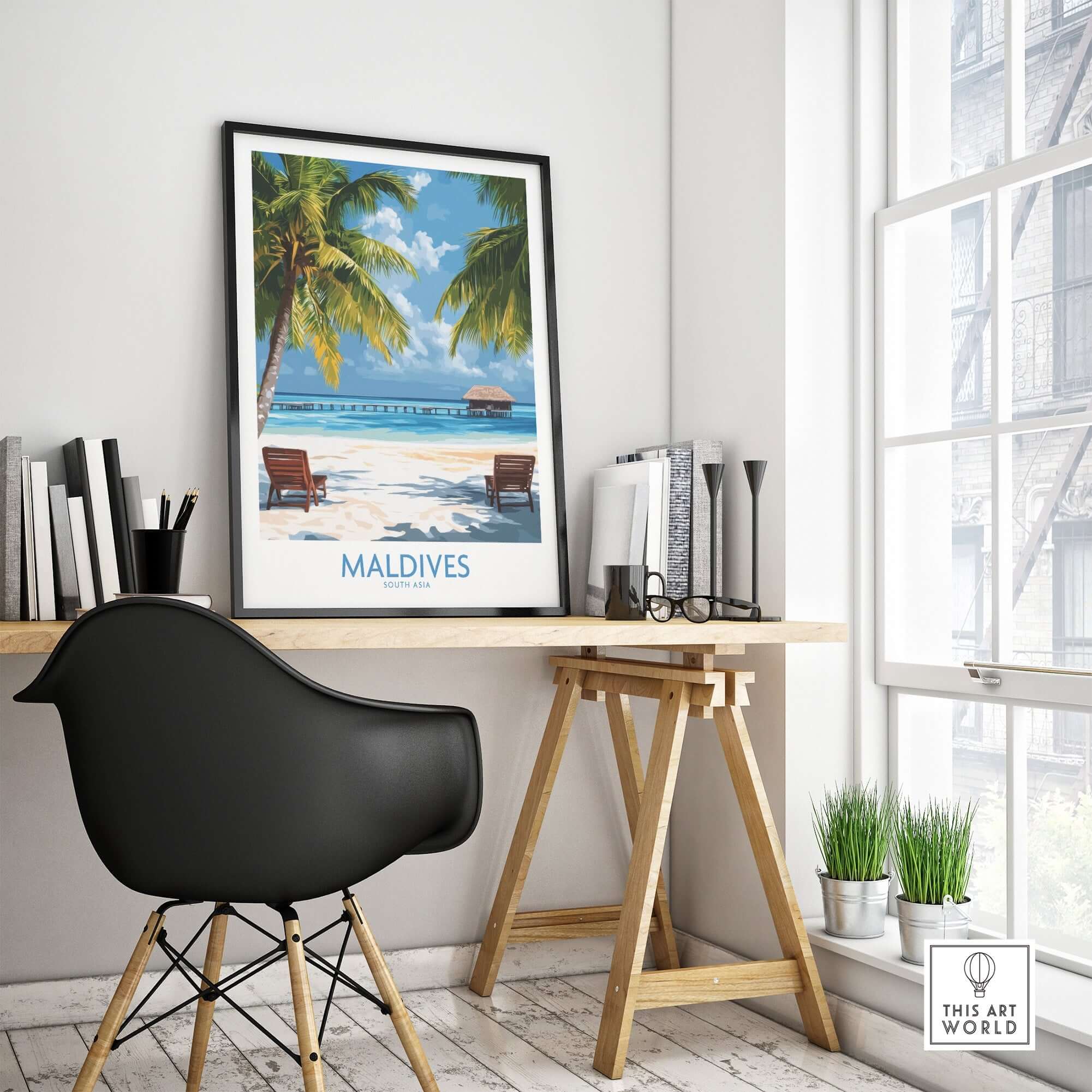 Maldives Wall Art Poster of Tropical Beach displayed in a bright office, inspiring relaxation and a tropical vibe.