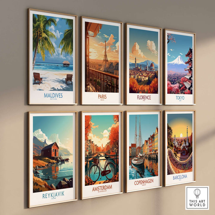 Tropical beach wall art poster featuring Maldives among iconic global cityscapes in a stylish gallery display.