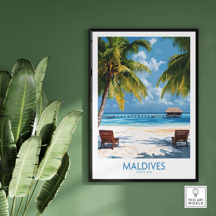 Maldives wall art poster featuring a tropical beach scene with palm trees and lounge chairs.