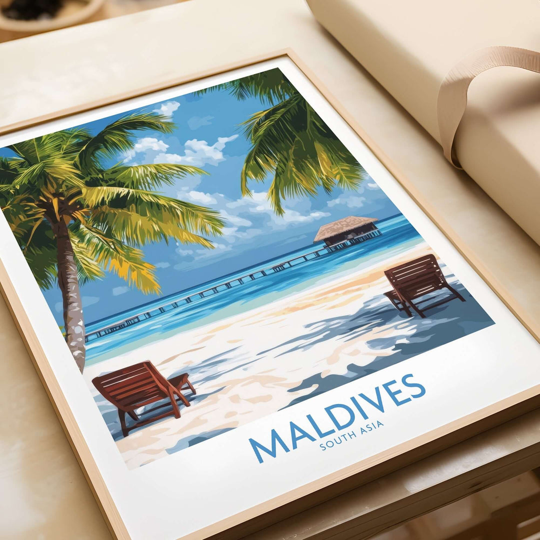 Maldives wall art poster featuring tropical beach scene with palm trees and lounge chairs, perfect for home decor.