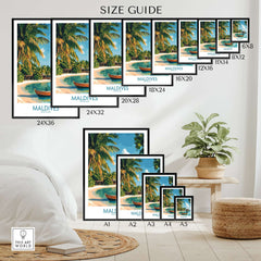 Maldives Wall Art Print size guide showcasing various frame sizes for home decor enhancement.