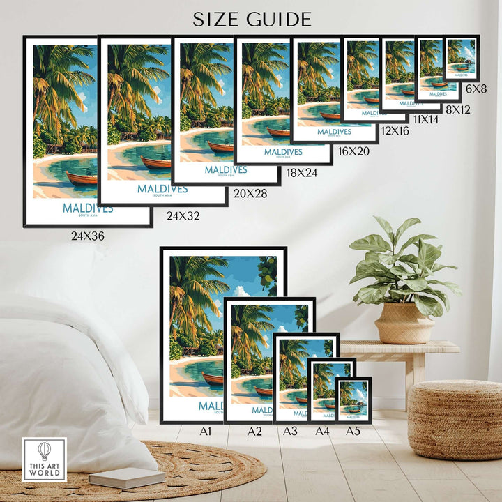 Size guide for Maldives Wall Art Print showcasing various frame sizes and a beach scene with palm trees and a boat.