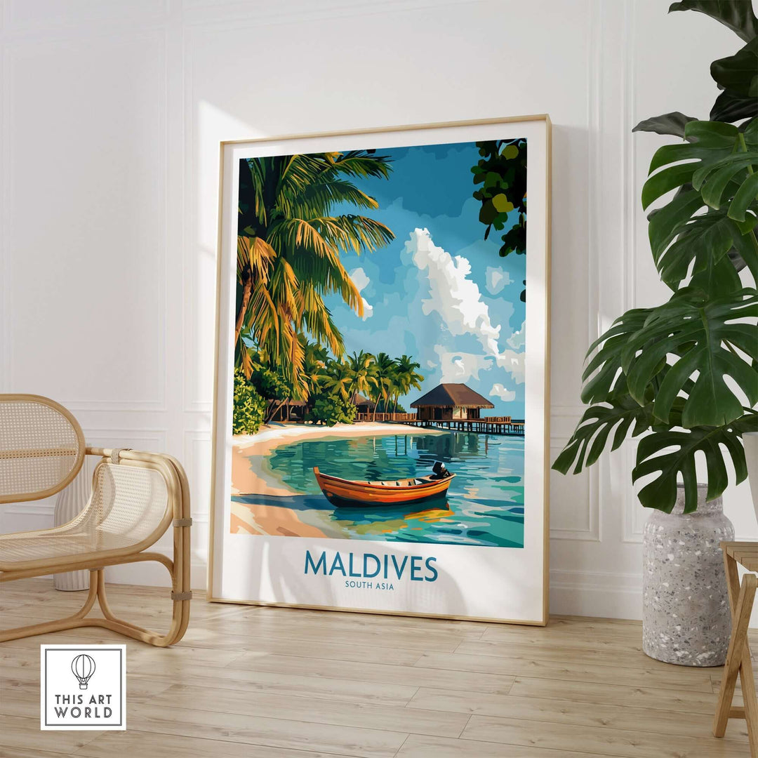 Maldives wall art print featuring a tropical beach scene with palm trees and a colorful boat. Perfect for home decor.