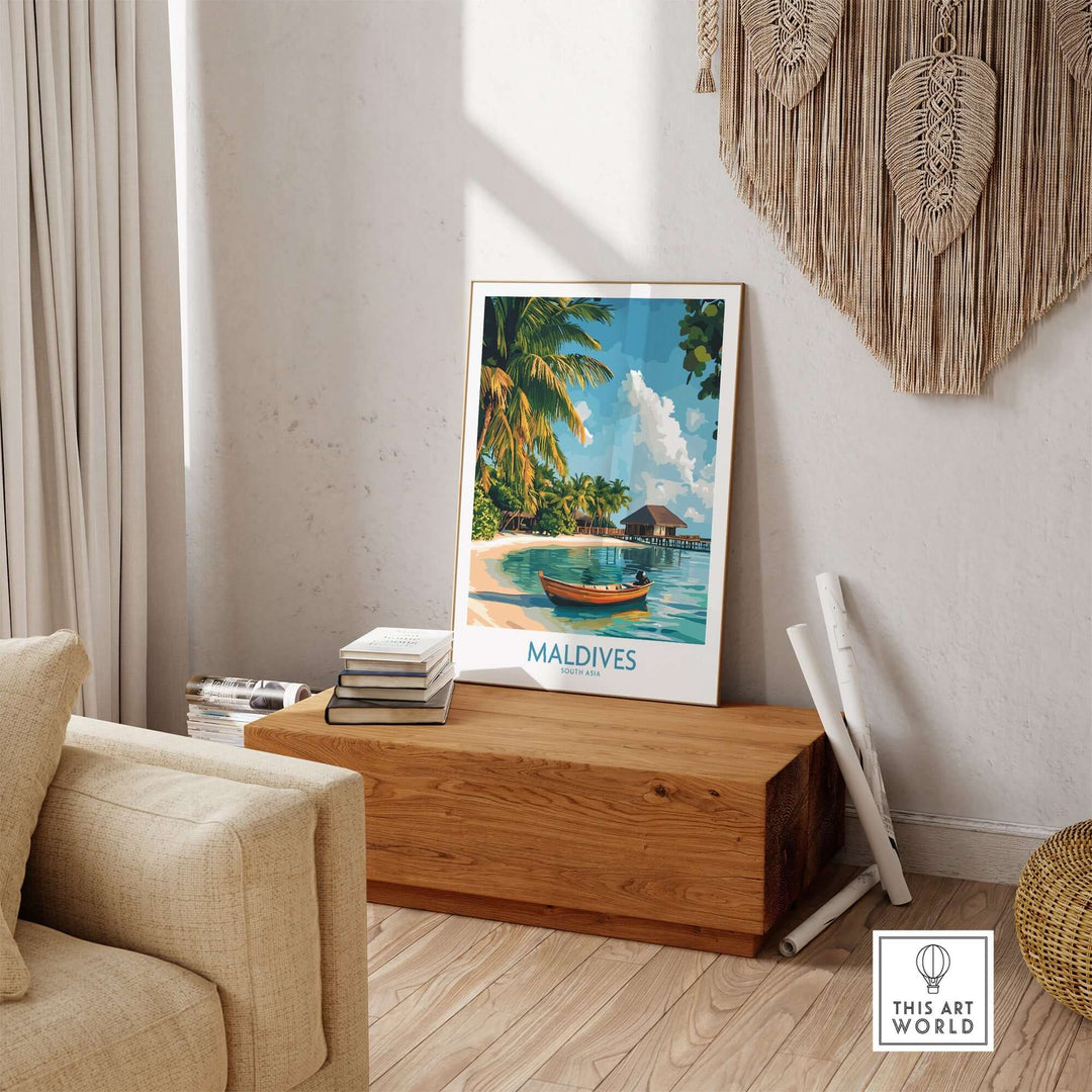 Vintage Maldives wall art print featuring a serene beach scene with palm trees and a boat. Perfect for coastal decor.