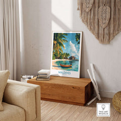 Maldives Wall Art Print featuring a serene tropical scene with palm trees and a boat.