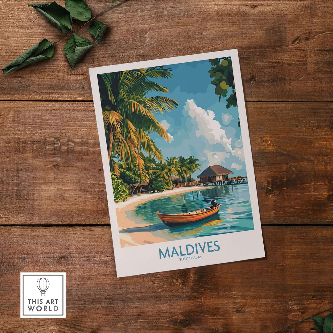 Beautiful Maldives wall art print featuring a tropical beach scene with palm trees and a boat on clear waters.