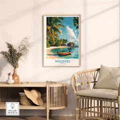 Maldives Wall Art Print featuring a tropical beach scene with a boat, palm trees, and a serene ocean backdrop.