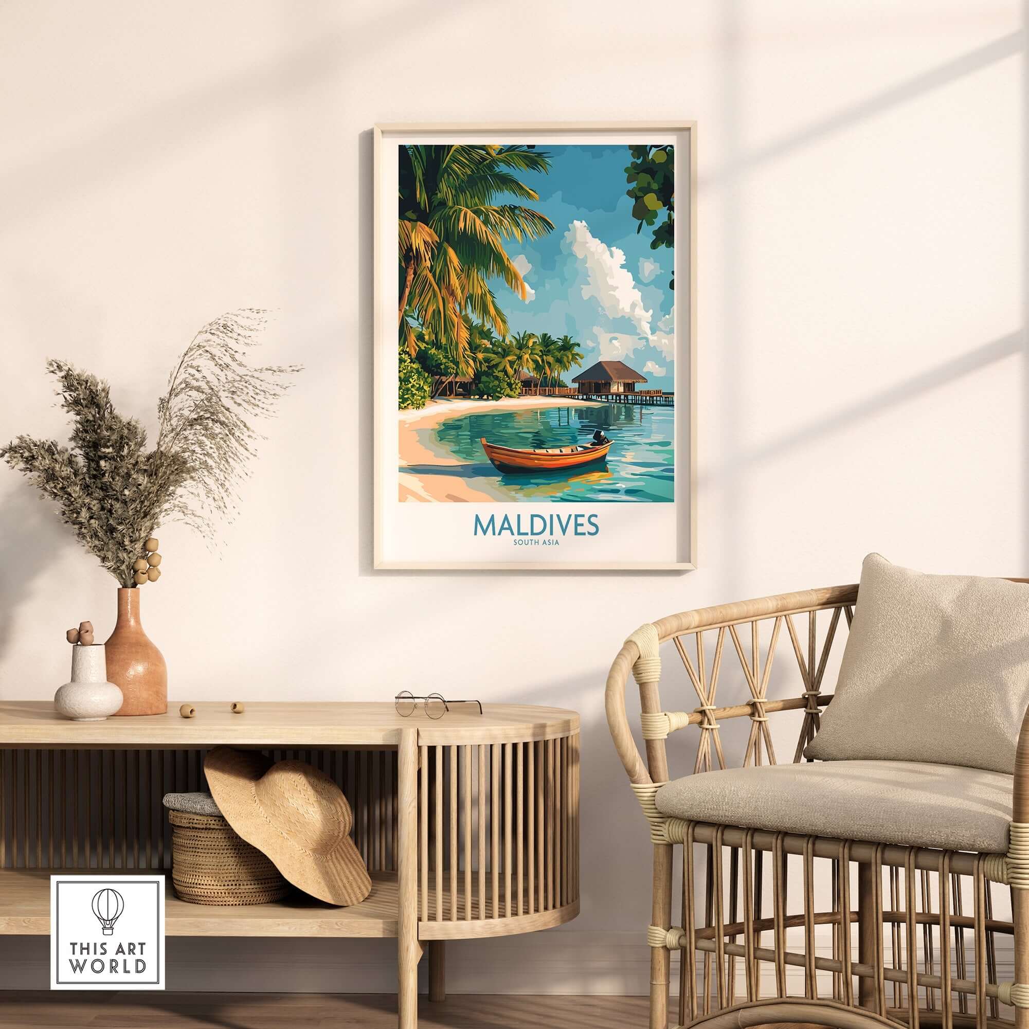 Maldives Wall Art Print featuring a tropical beach scene with a boat, palm trees, and a serene ocean backdrop.