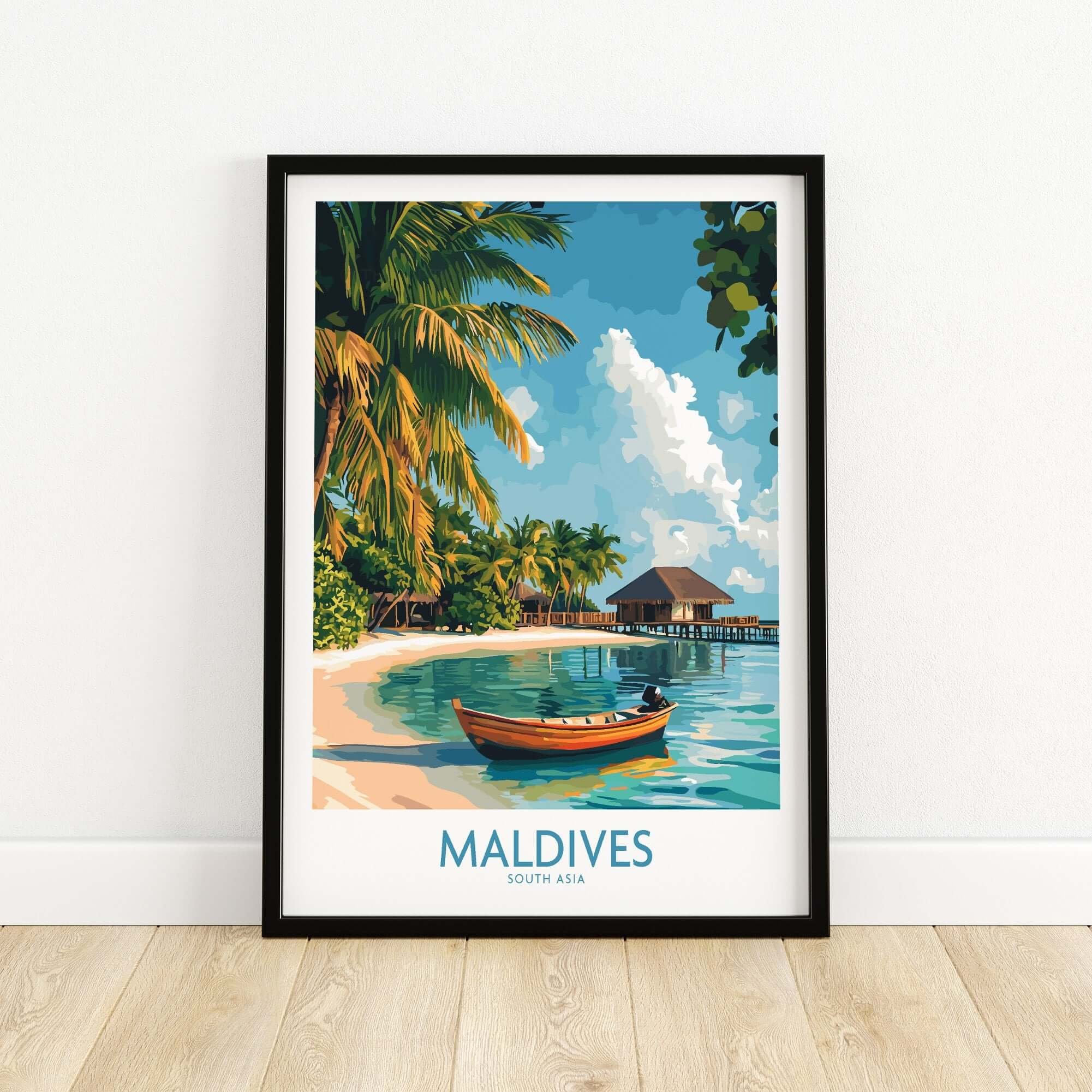 Maldives Wall Art Print featuring a serene beach scene with palm trees and a boat, vibrant colors and tropical paradise vibe.