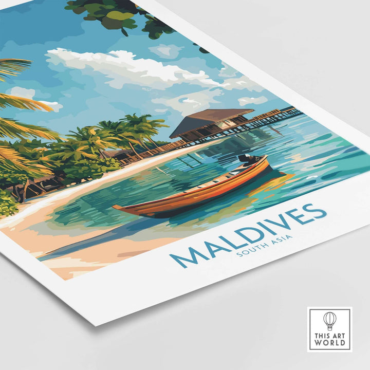 Vibrant Maldives wall art print featuring a serene beach scene with palm trees and a wooden boat. Perfect for home decor.