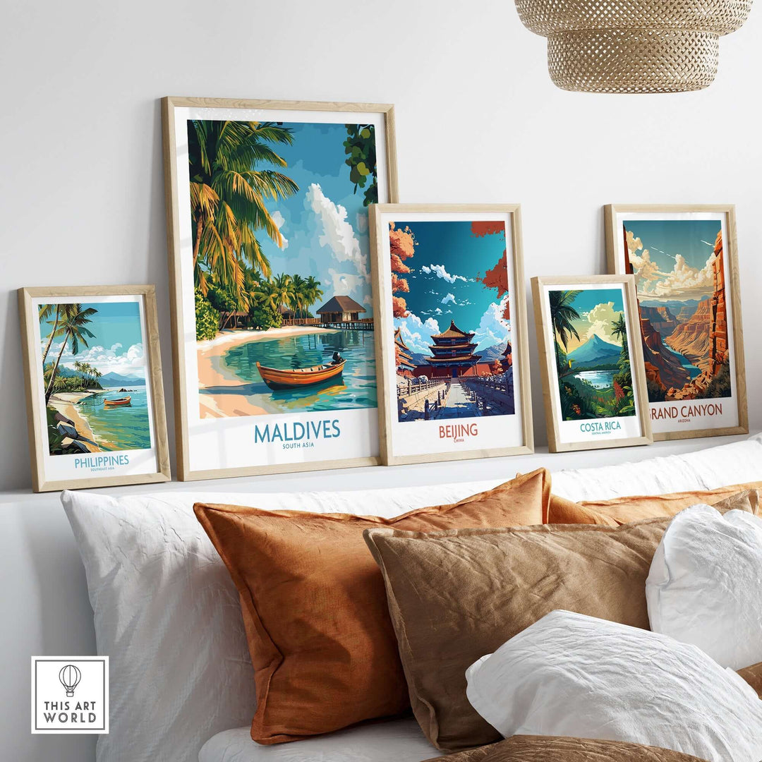 Collection of wall art prints featuring Maldives, Beijing, Costa Rica, and Grand Canyon with tropical decor.